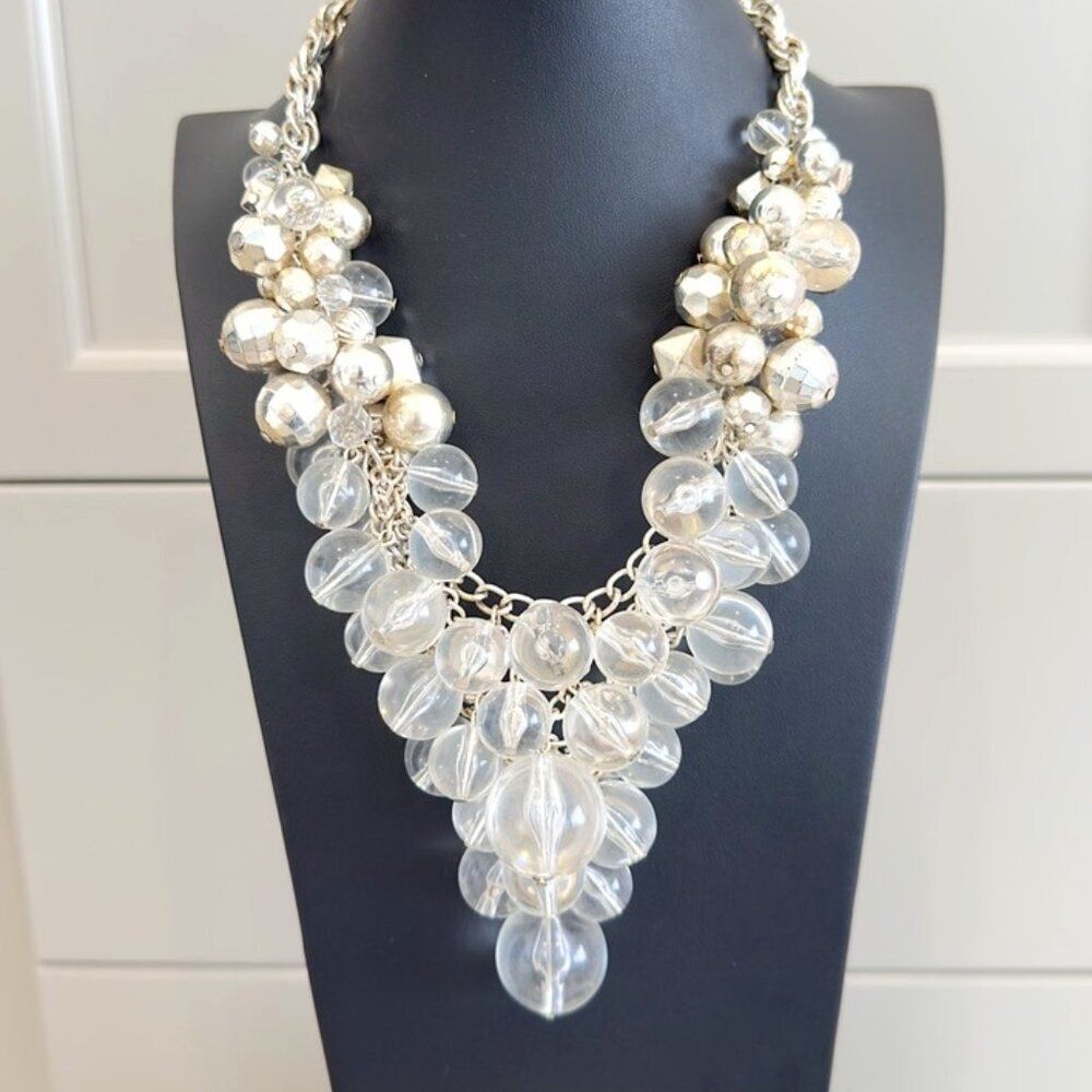 Traci Lynn Grapevine Necklace Cluster Silvertone & Clear Beads Statement